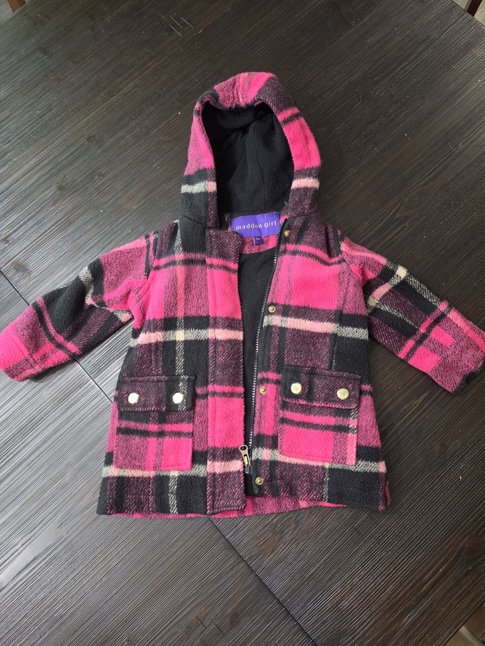 Madden Girl Hot Pink and Black Plaid Hooded Pea Coat